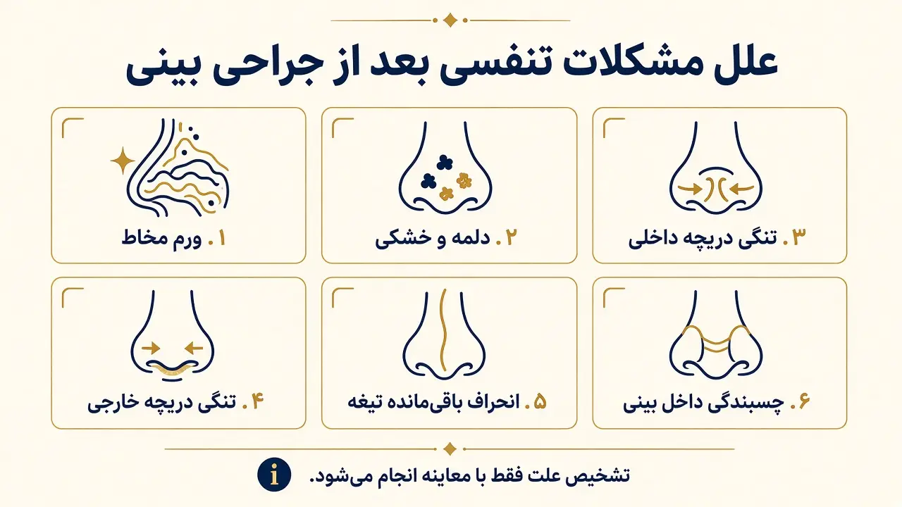 اینفوگرافیک علل مشکلات تنفسی بعد از جراحی بینی، از ورم مخاط و دلمه تا تنگی دریچه، انحراف تیغه و چسبندگی