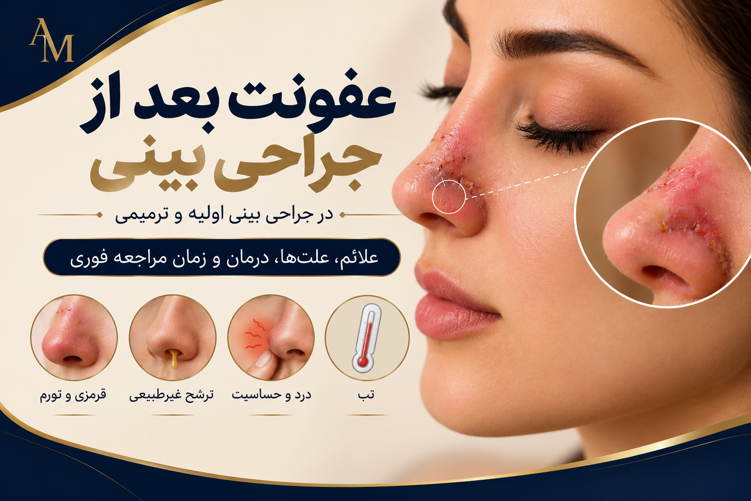 تصویر آموزشی عفونت بعد از عمل بینی؛ قرمزی، تورم، ترشح غیرطبیعی، درد و تب